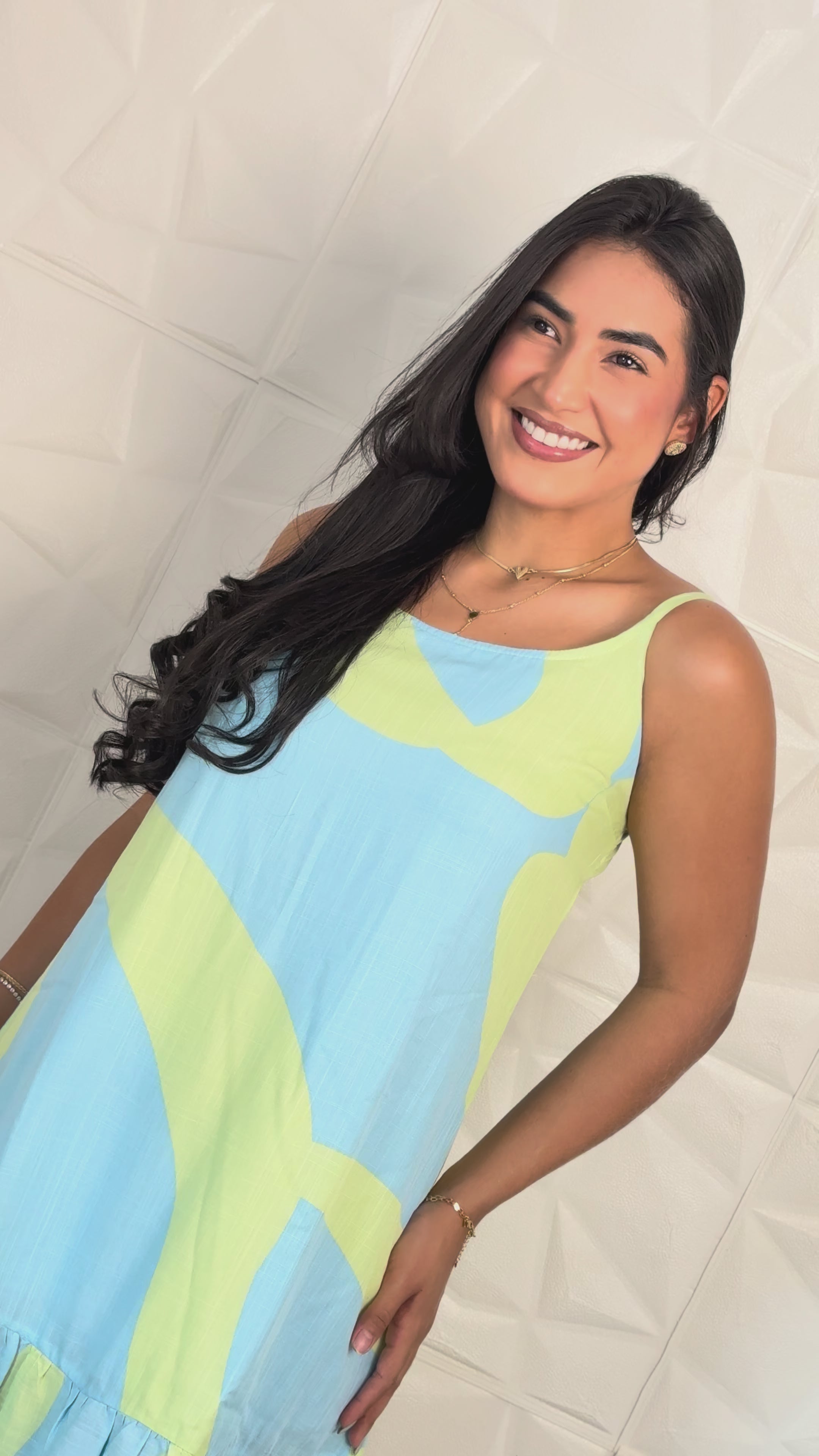 Vestido Curto Azul e Verde com Babado TAM: M