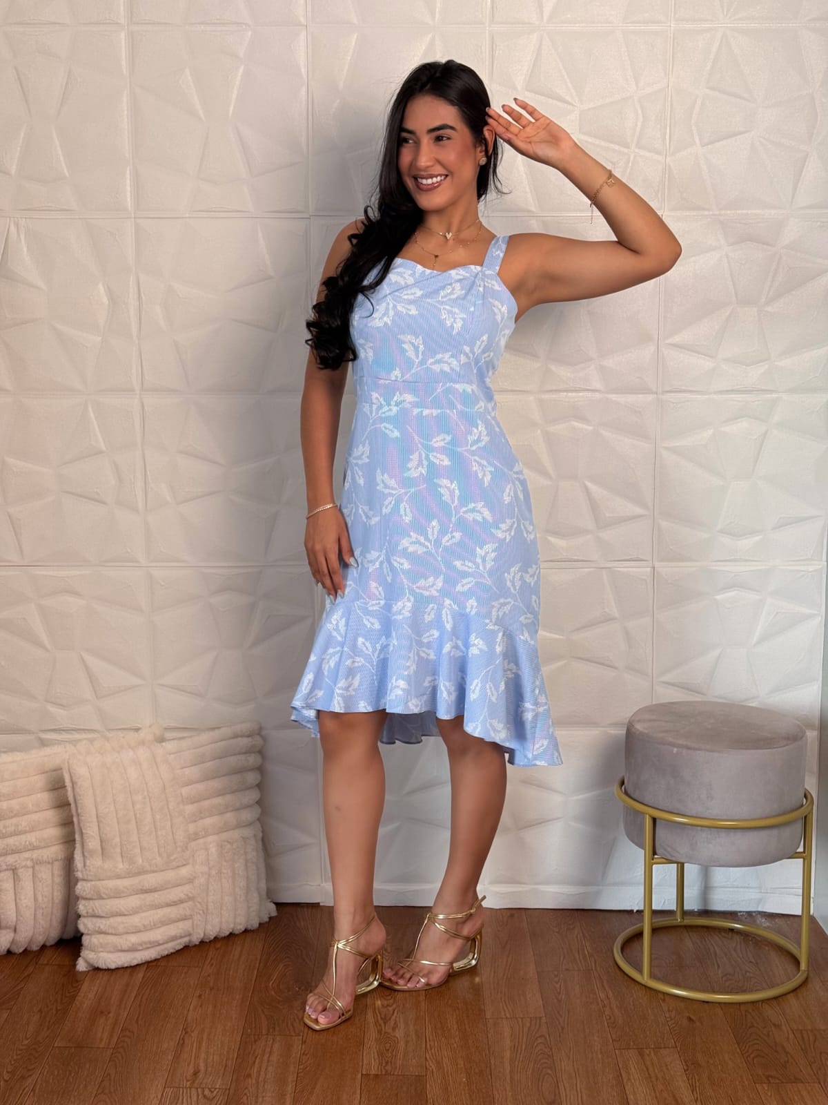 Vestido Azul Estampado com Barra Fluida TAM: 38