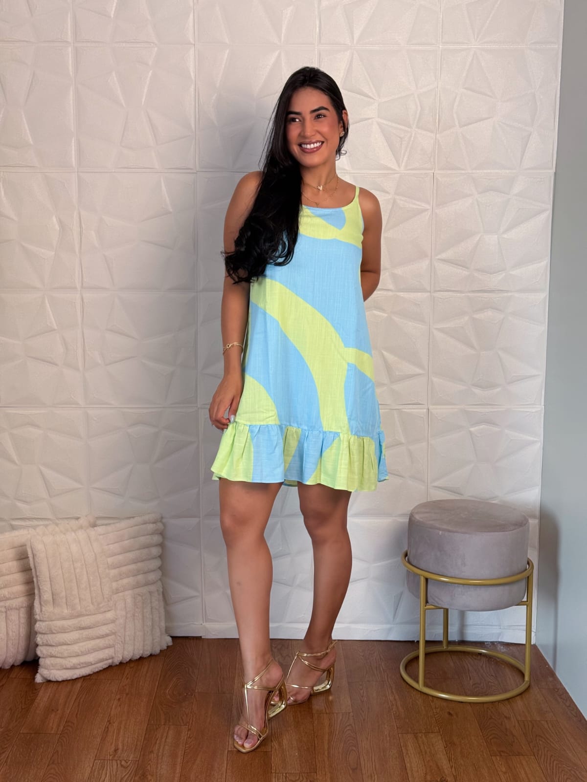 Vestido Curto Azul e Verde com Babado TAM: M