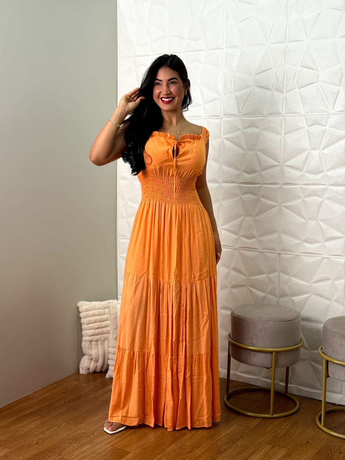 Vestido Longo Laranja com Lastex e Saia em Camadas TAM: M