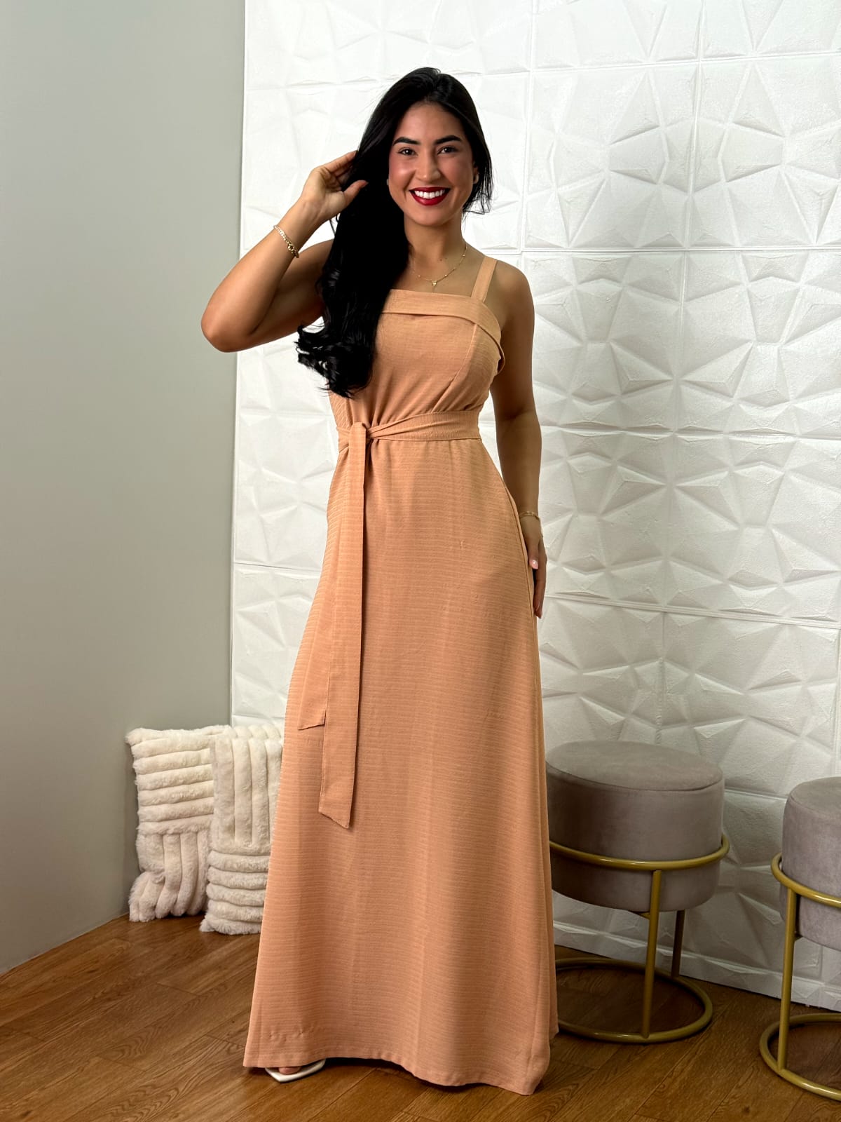 Vestido Longo Nude com Faixa na Cintura TAM: M